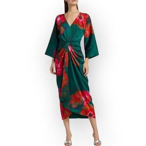Sz 8 FIGUE Kyle Dress Floral Teal V-Neck Midi Dolman/Kimono TwistFront Satin NEW